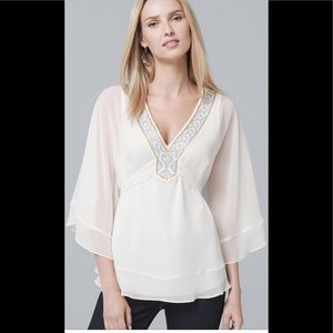 WHBM White and light blue beaded blouse